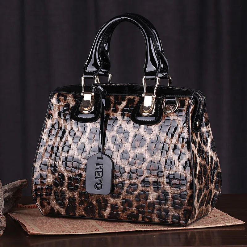 Leopard Women's Bag Shaping Leather Bag Handbag Women's Pure Cow Leather Bag Portable Shoulder Crossbody Three-Purpose Hard Bag