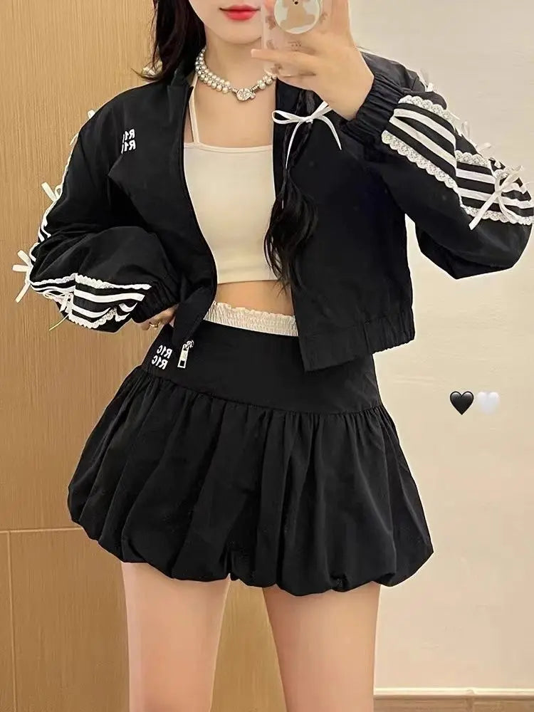 Autumn Outdoor Sports Skirt Lace Bow Two-Piece Set