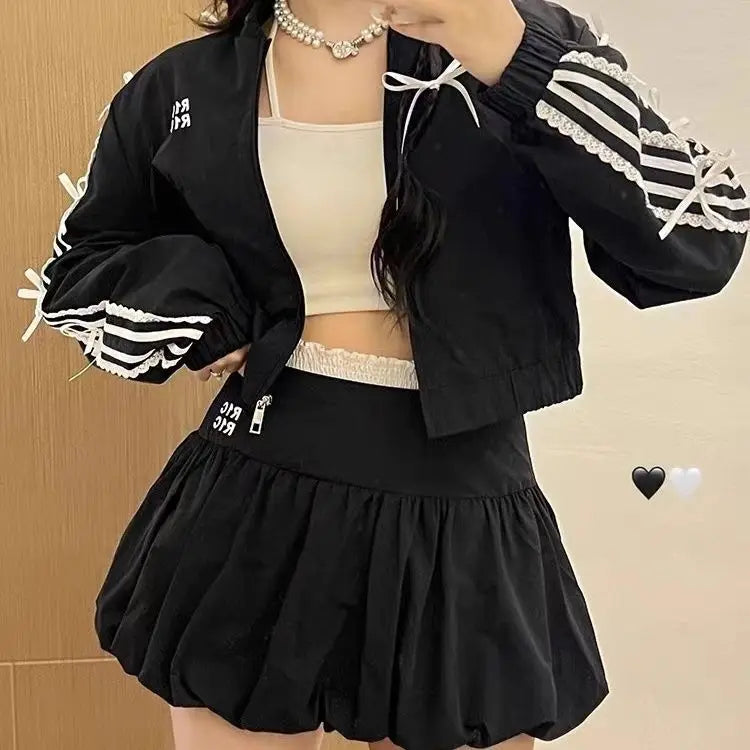 Autumn Outdoor Sports Skirt Lace Bow Two-Piece Set