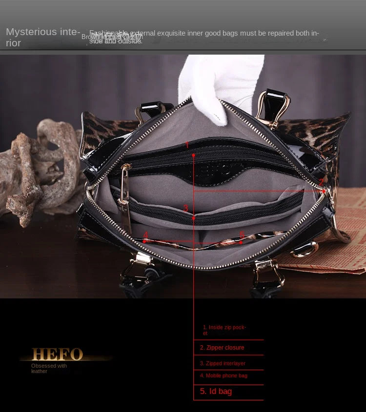 Leopard Women's Bag Shaping Leather Bag Handbag Women's Pure Cow Leather Bag Portable Shoulder Crossbody Three-Purpose Hard Bag